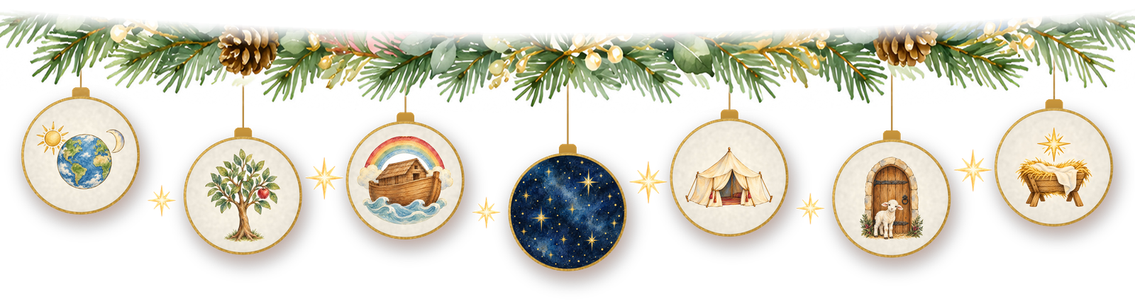 Guirnalda con adornos del Árbol de Isaí: la creación, el árbol, el arca de Noé, las estrellas, la tienda, el cordero y el pesebre
